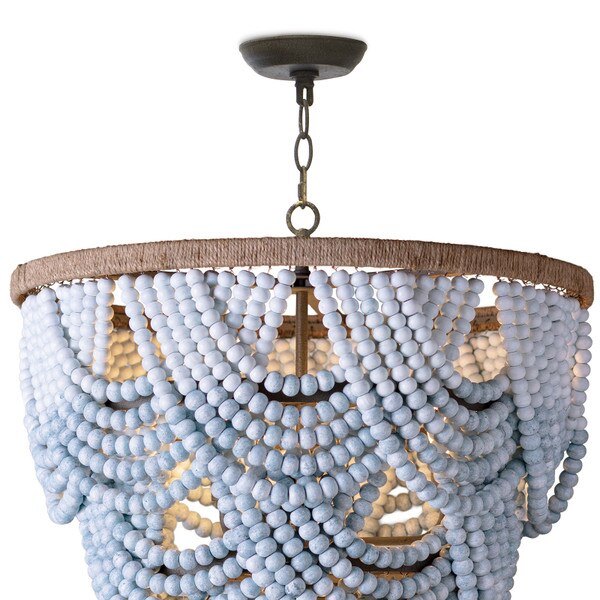 The jute wrapped top of a blue wood beaded chandelier